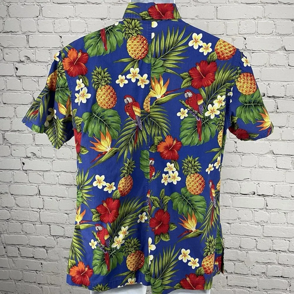 VTG Go Barefoot Blue Hawaiian Tropical Short Sleeve Button Up Shirt USA Large L